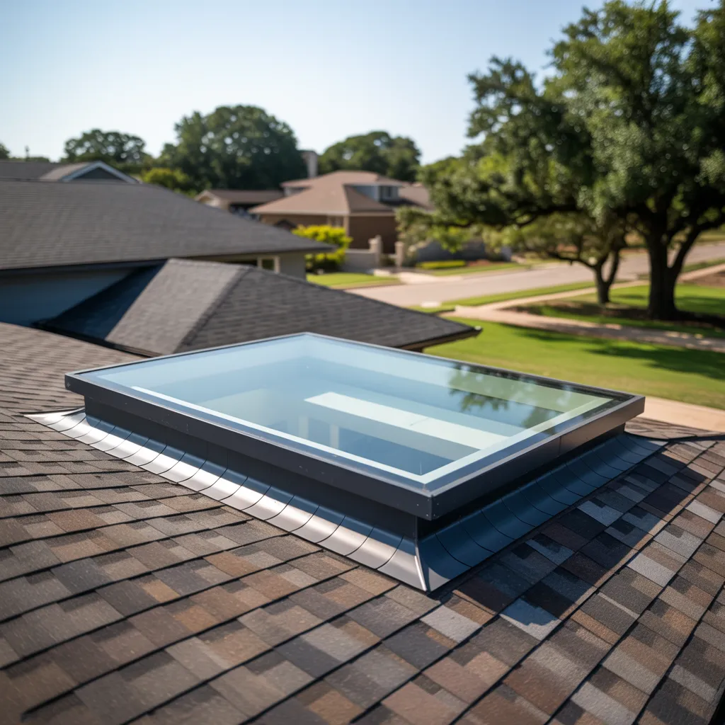 Fixed flat glass skylight with metal flashing on shingle roof in Preston Hollow Dallas