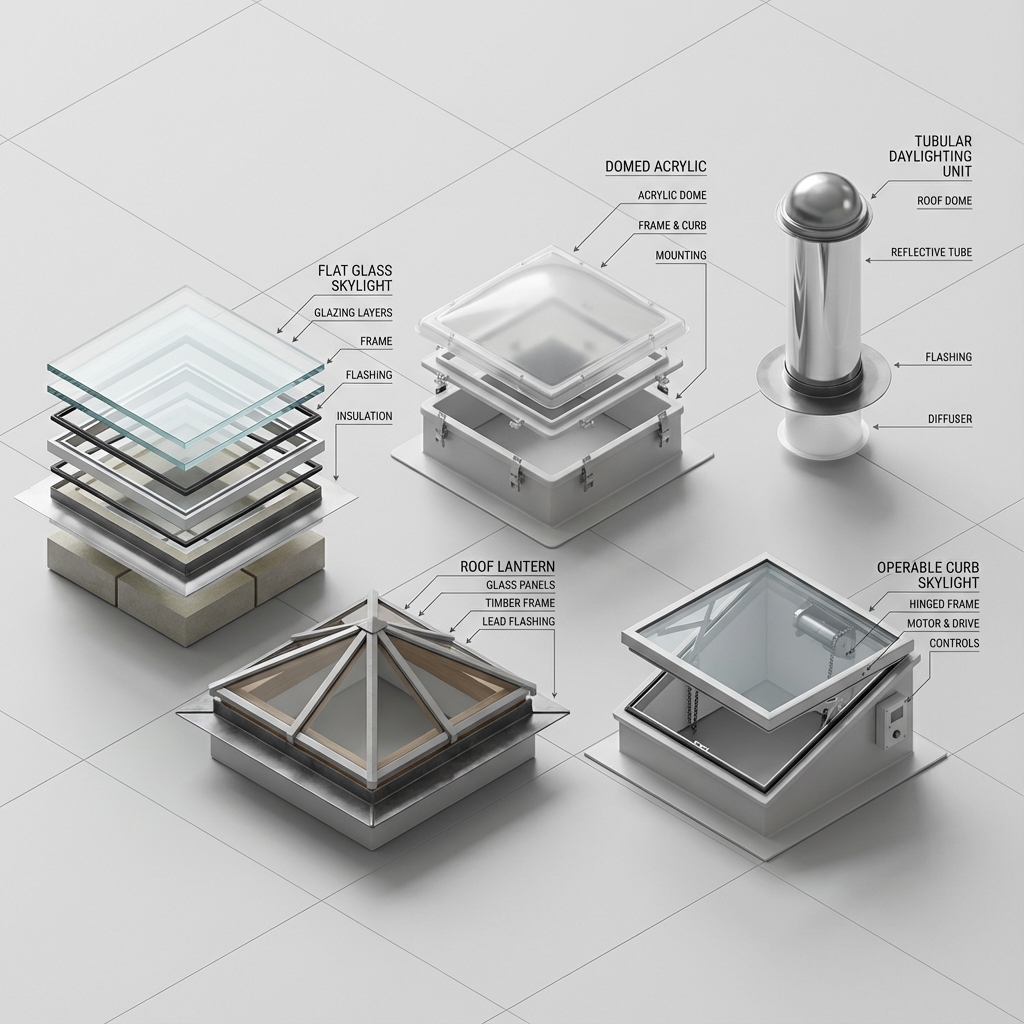 Types of skylights for Dallas homes including flat glass skylights, domed acrylic skylights, tubular daylighting units, roof lanterns, and operable curb skylights with labeled components like glazing, flashing, and frame details