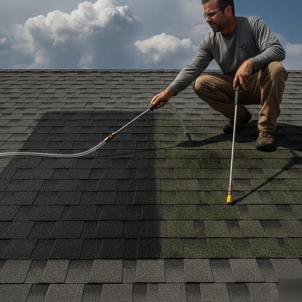 Shingle roof half cleaned, algae streaks visible on the untreated section